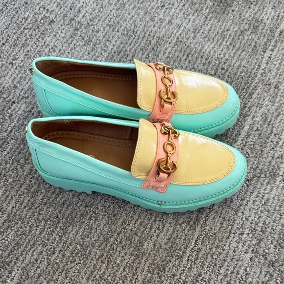 Circus by sam Edelman Pastel Mint and Yellow Leather Platform Loafers - Picture 3 of 7